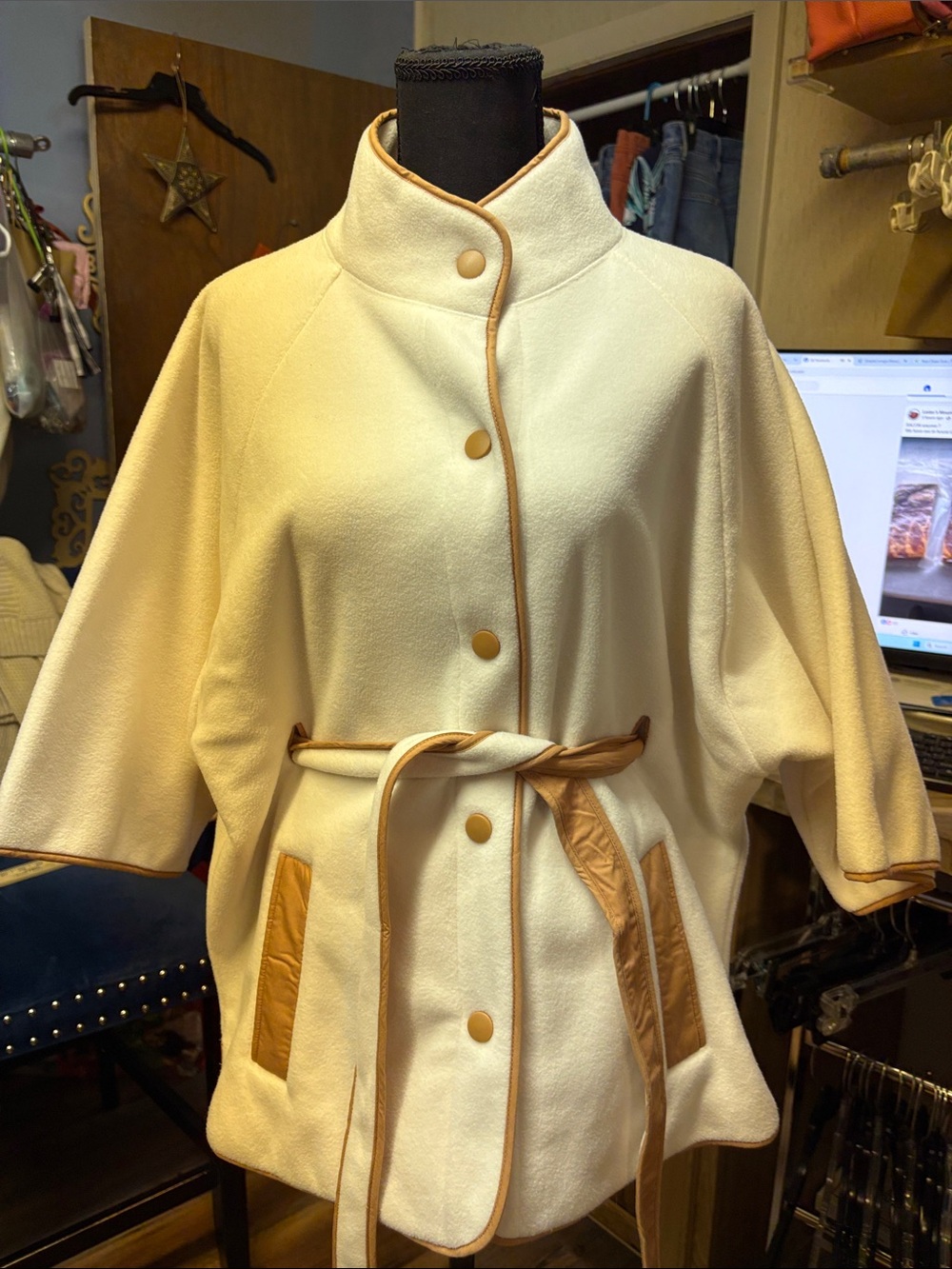 Draper James Cream Belted Cape with Tan Trim